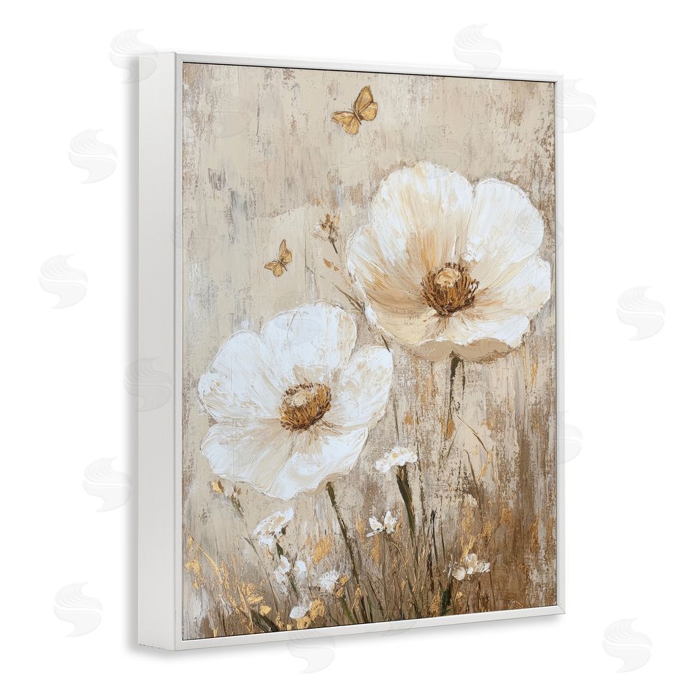 Petal Prints Design Ivory Florals and Butterfly White Framed Giclee Wall Art Print