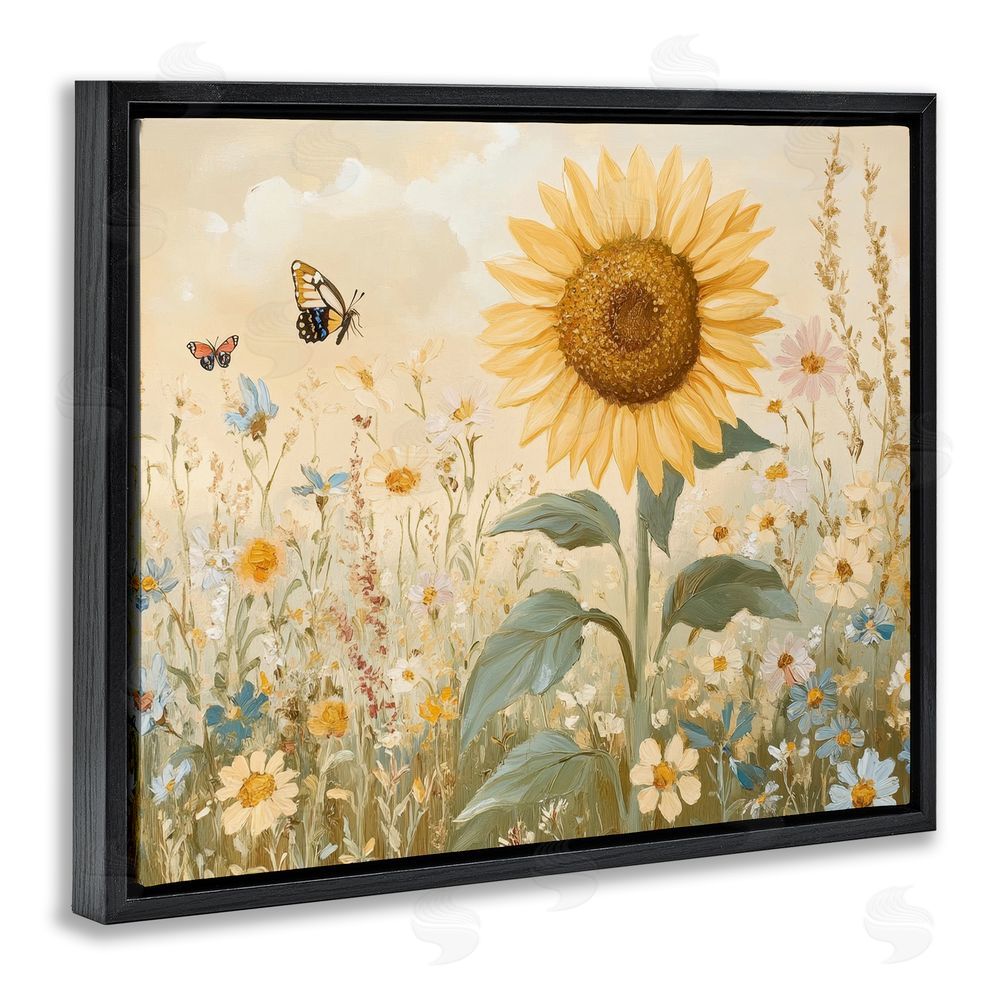 Petal Prints Design Sunflower Wonder Floral Meadow Black Floating Frame Canvas Wall Art Print