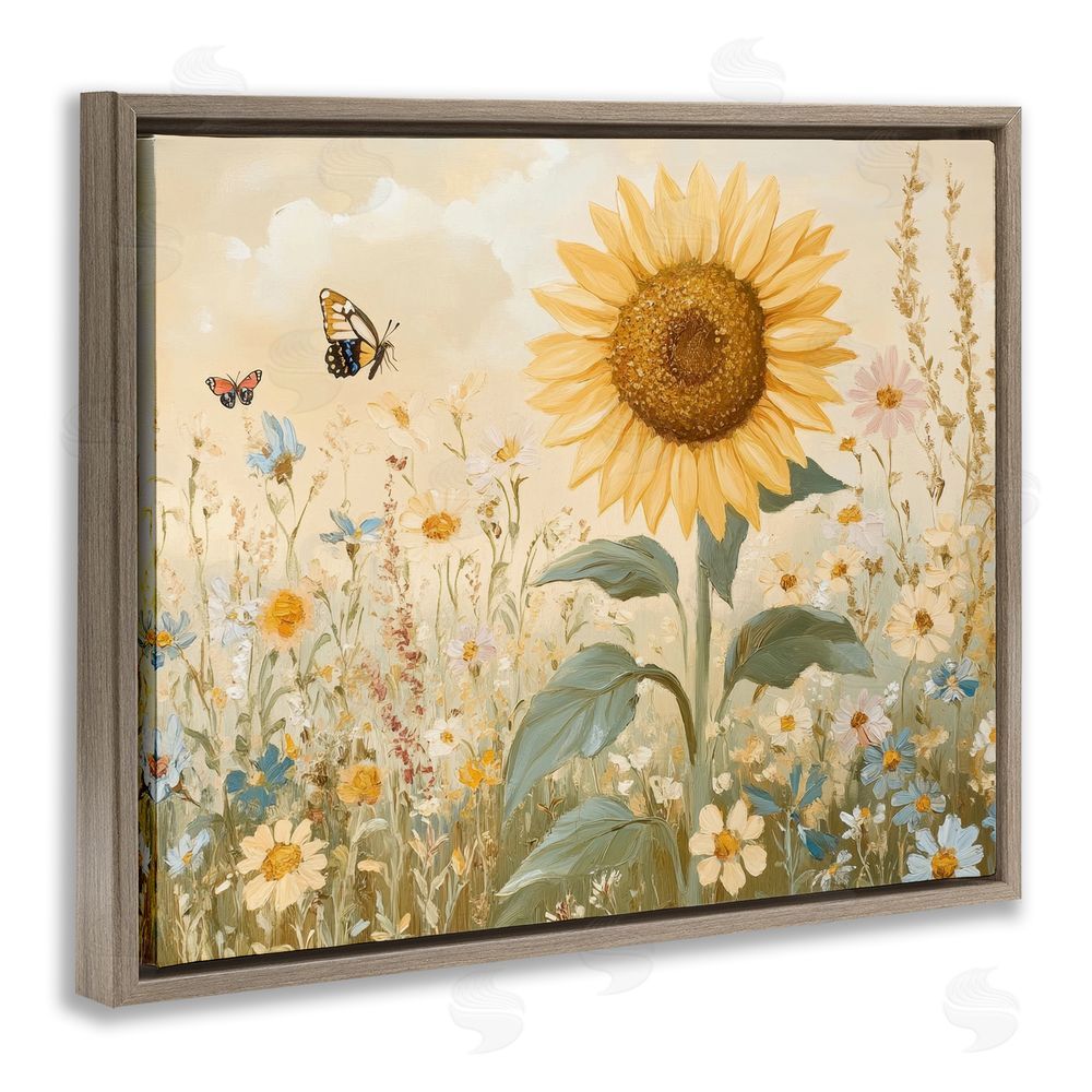 Petal Prints Design Sunflower Wonder Floral Meadow Brown Floating Frame Canvas Wall Art Print