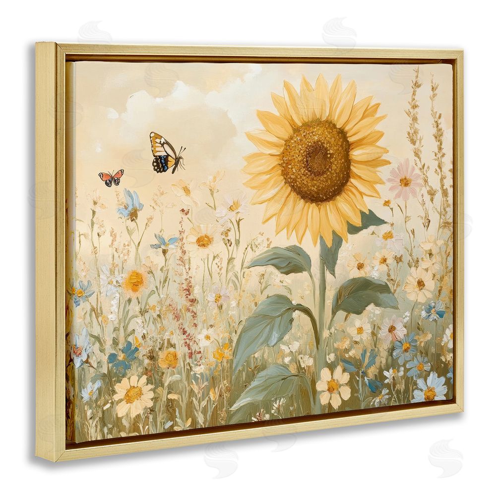 Petal Prints Design Sunflower Wonder Floral Meadow Gold Floating Frame Canvas Wall Art Print