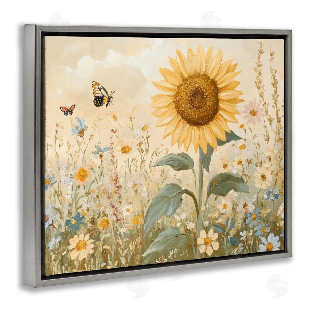 Petal Prints Design Sunflower Wonder Floral Meadow Gray Floating Frame Canvas Wall Art Print