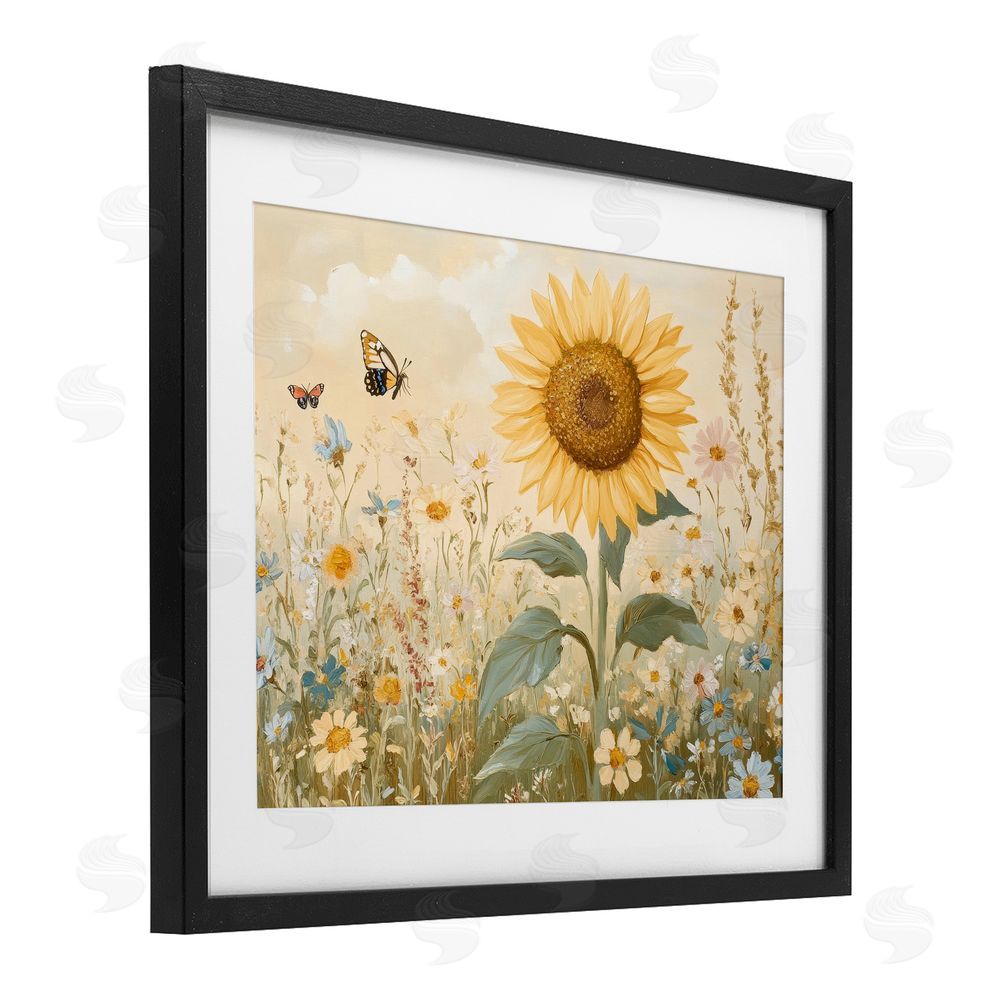 Petal Prints Design Sunflower Wonder Floral Meadow Black Framed Print Under Glass with White Mat Wall Art