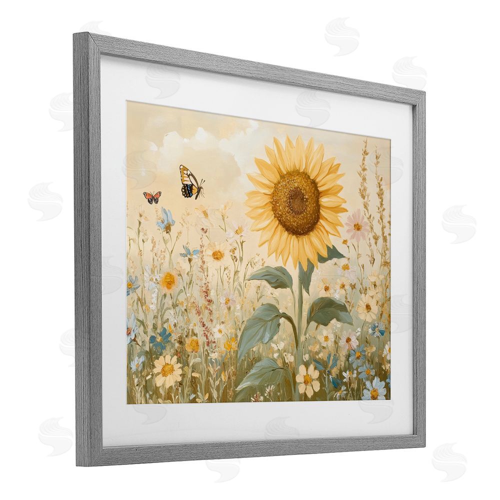 Petal Prints Design Sunflower Wonder Floral Meadow Gray Framed Print Under Glass with White Mat Wall Art