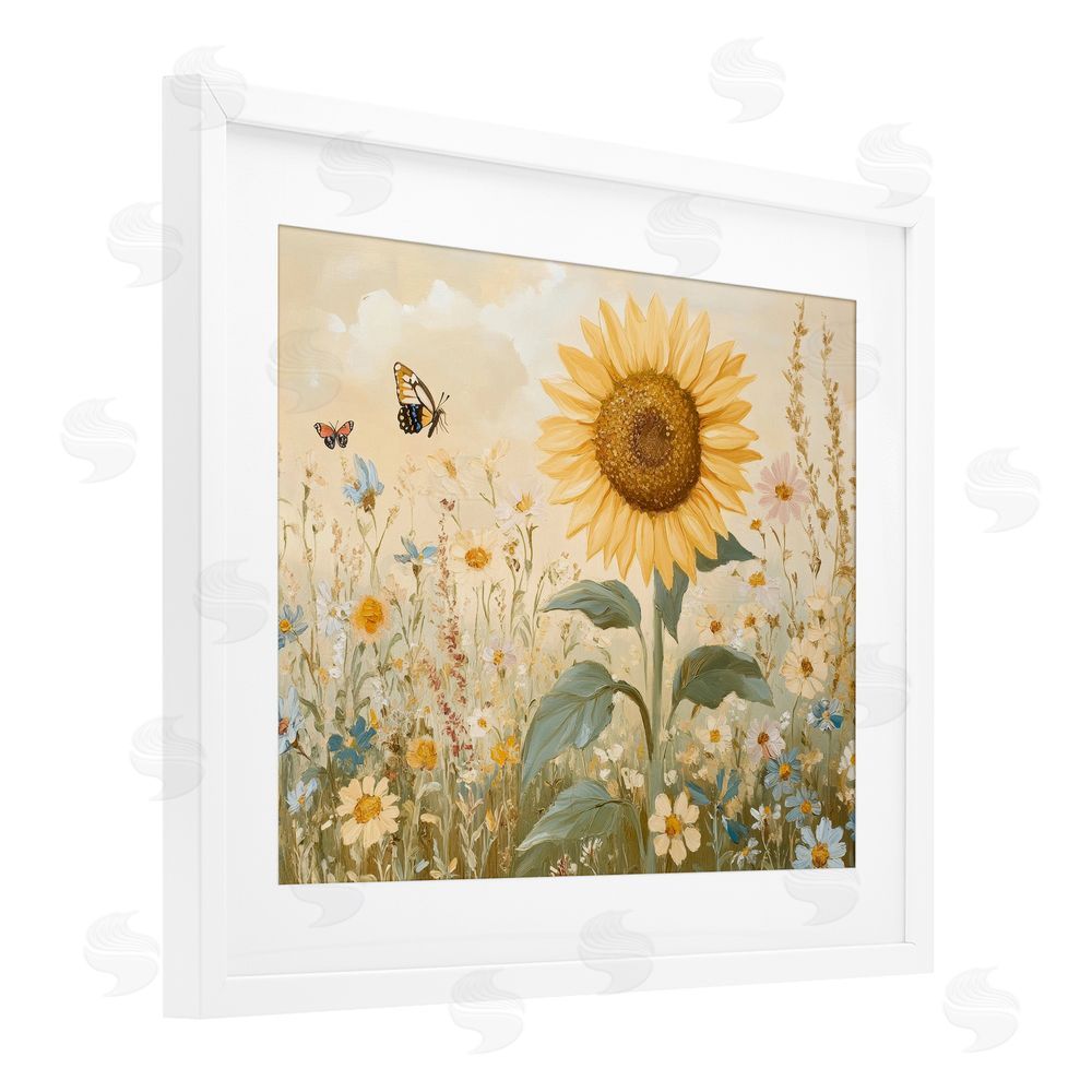 Petal Prints Design Sunflower Wonder Floral Meadow White Framed Print Under Glass with Mat Wall Art