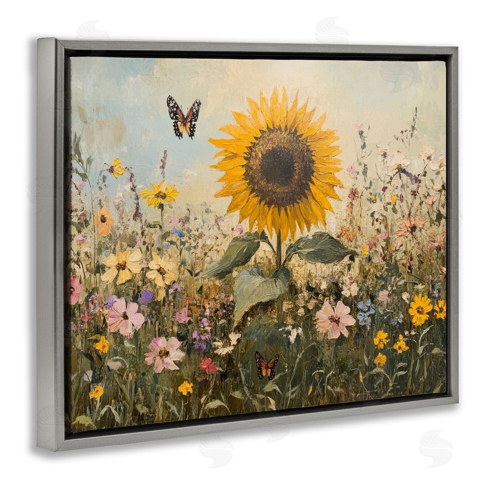 Petal Prints Design Sunflower Wonder Summer Meadow Gray Floating Frame Canvas Wall Art Print