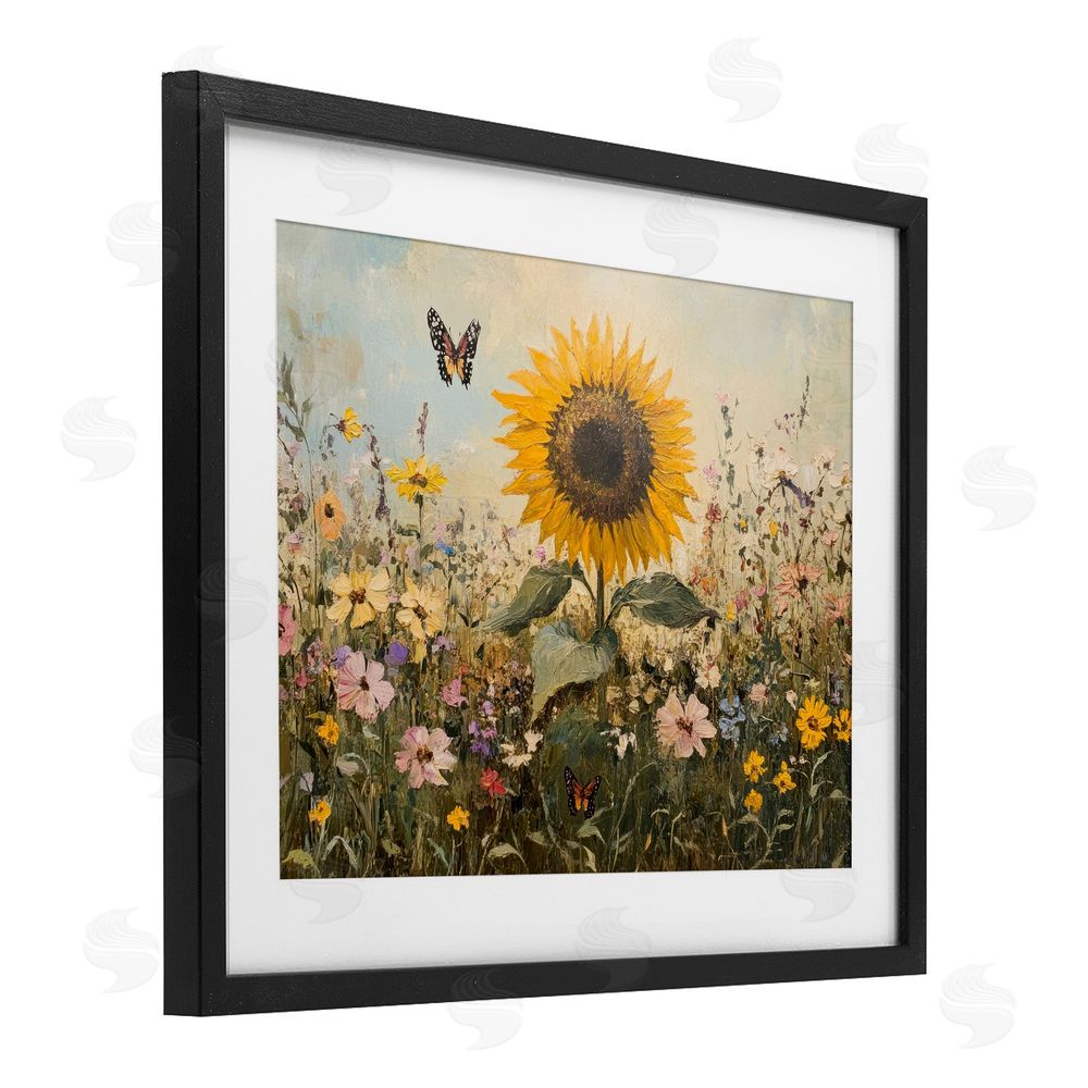 Petal Prints Design Sunflower Wonder Summer Meadow Black Framed Print Under Glass with White Mat Wall Art