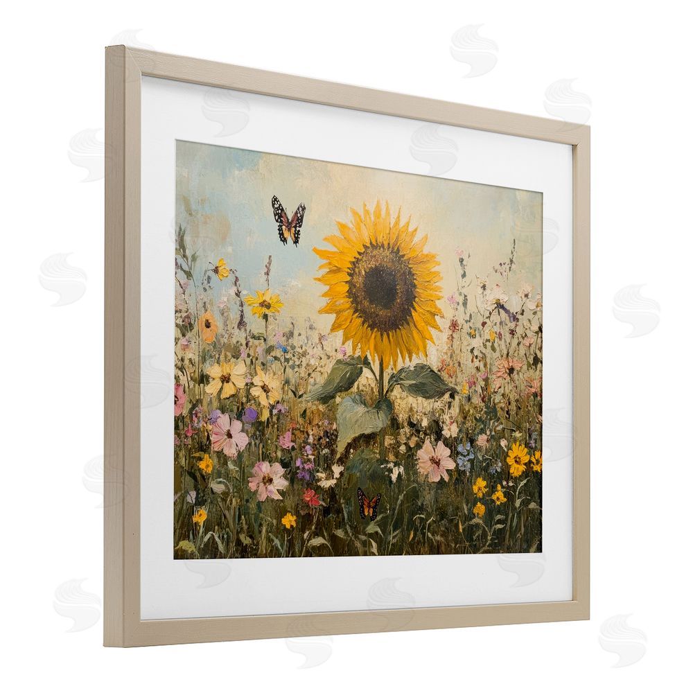 Petal Prints Design Sunflower Wonder Summer Meadow Birch Framed Print Under Glass with White Mat Wall Art