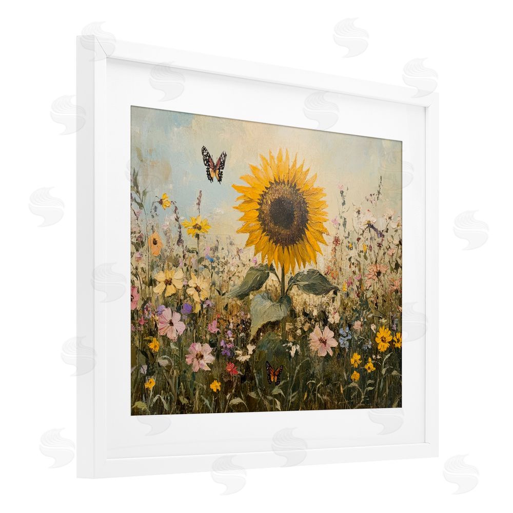 Petal Prints Design Sunflower Wonder Summer Meadow White Framed Print Under Glass with Mat Wall Art