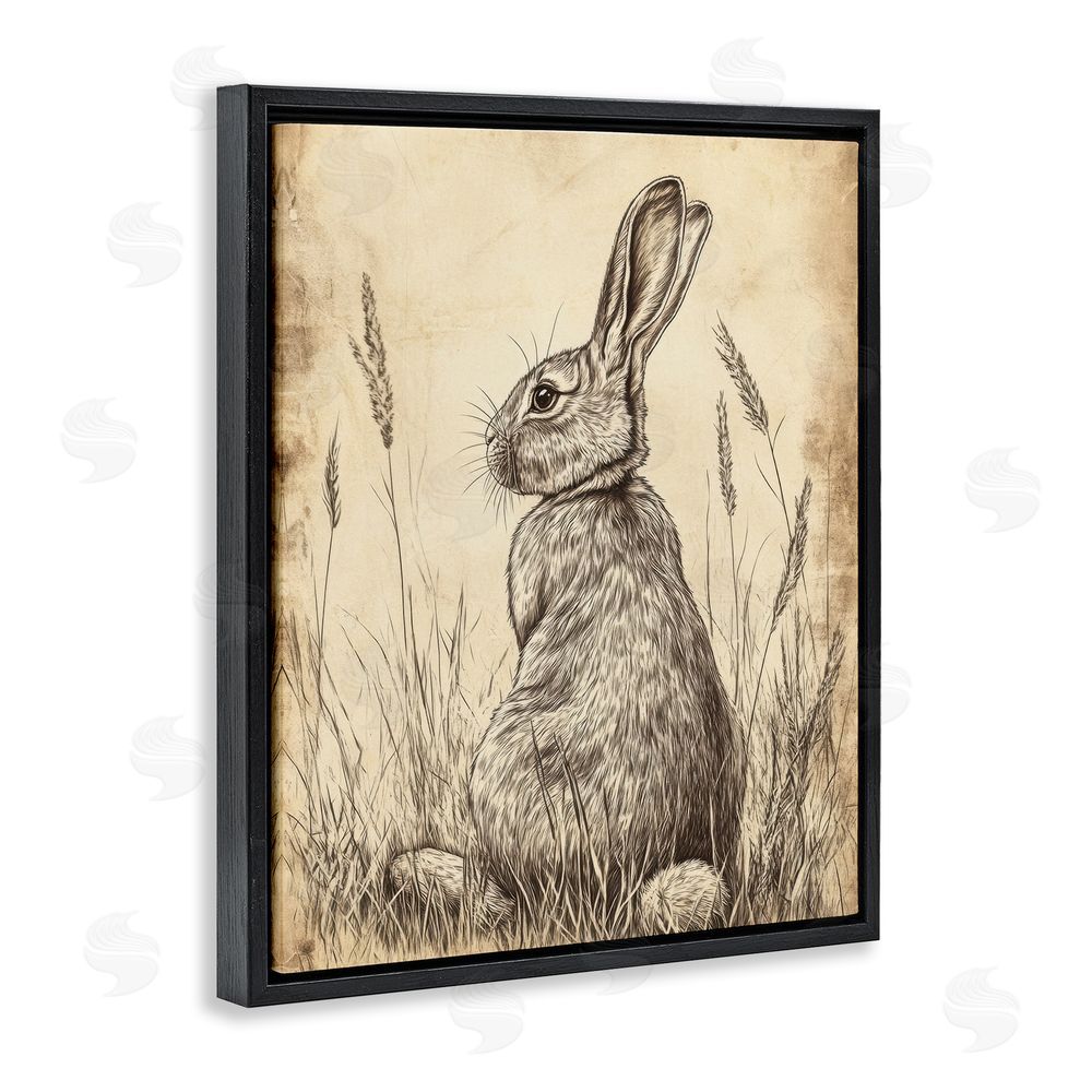 Petal Prints Design Vintage Aged Bunny Portrait Black Floating Frame Canvas Wall Art Print