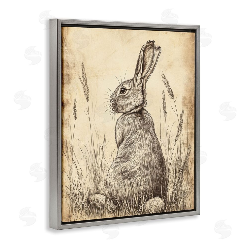 Petal Prints Design Vintage Aged Bunny Portrait Gray Floating Frame Canvas Wall Art Print