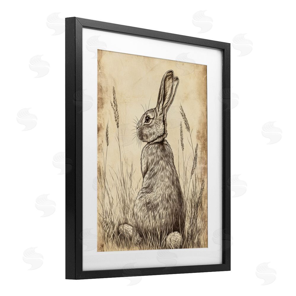Petal Prints Design Vintage Aged Bunny Portrait Black Framed Print Under Glass with White Mat Wall Art