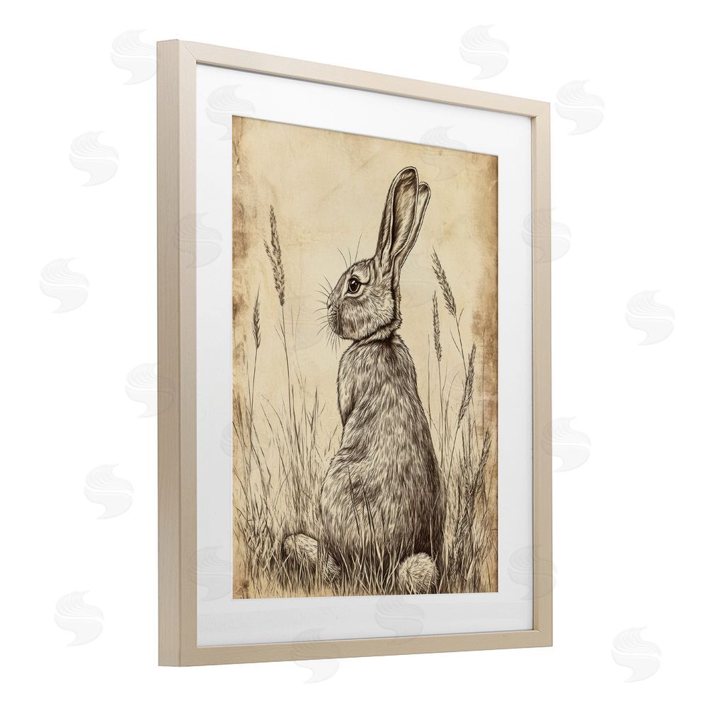 Petal Prints Design Vintage Aged Bunny Portrait Birch Framed Print Under Glass with White Mat Wall Art