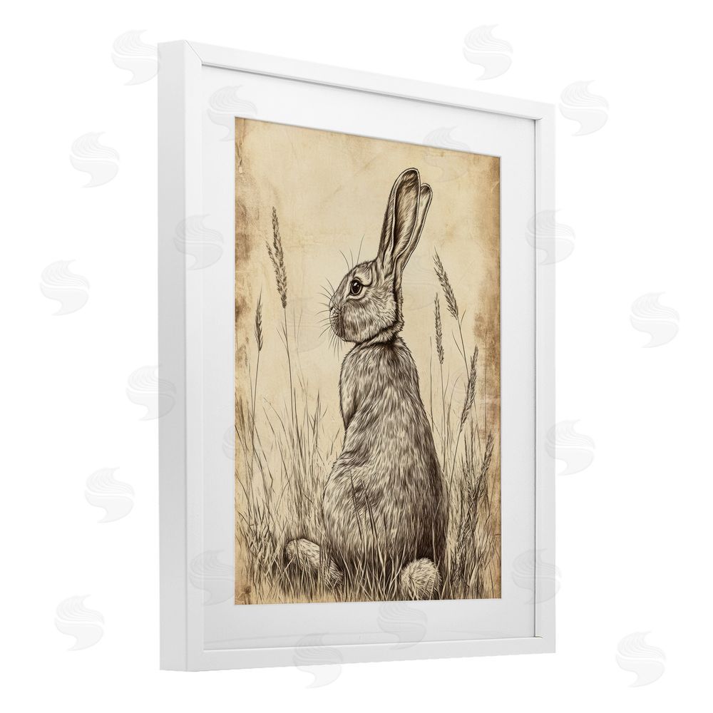 Petal Prints Design Vintage Aged Bunny Portrait White Framed Print Under Glass with Mat Wall Art