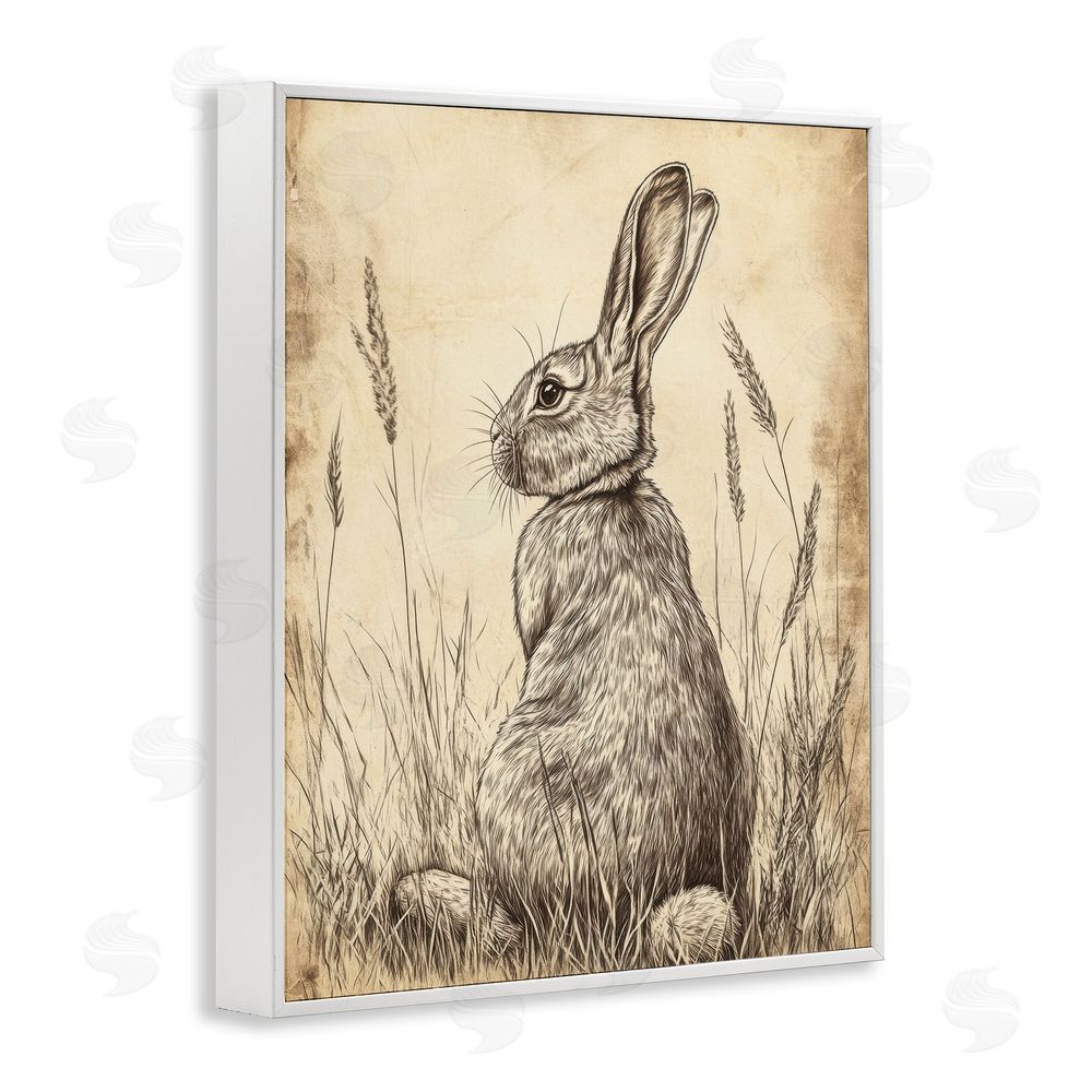 Petal Prints Design Vintage Aged Bunny Portrait White Framed Giclee Wall Art Print
