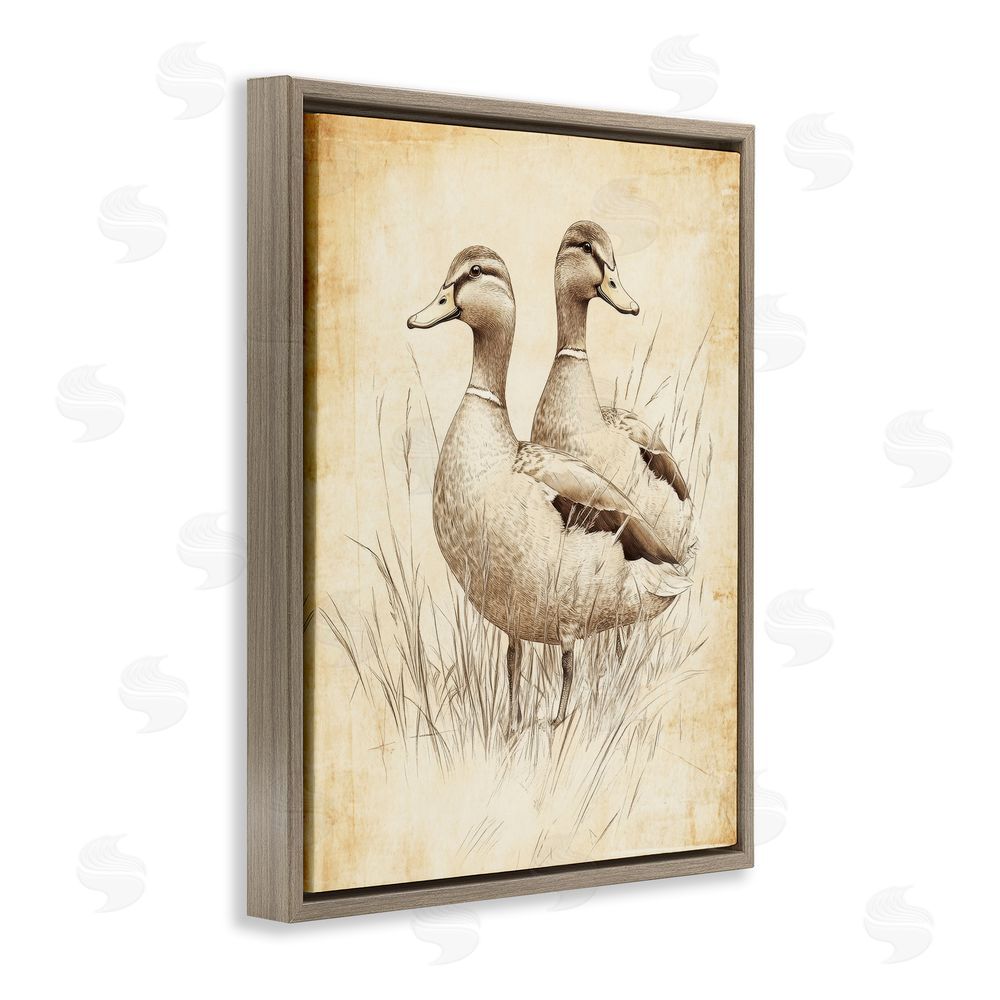 Petal Prints Design Vintage Pair of Ducks Brown Floating Frame Canvas Wall Art Print