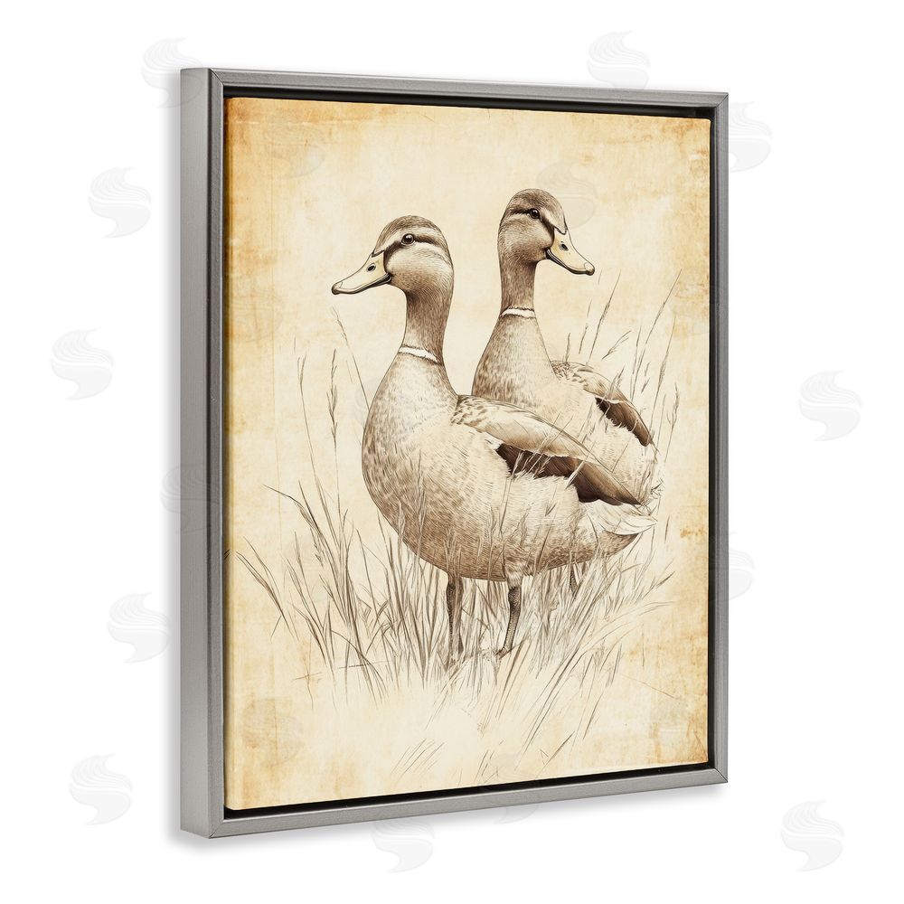 Petal Prints Design Vintage Pair of Ducks Gray Floating Frame Canvas Wall Art Print