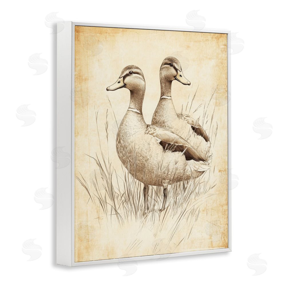 Petal Prints Design Vintage Pair of Ducks White Framed Giclee Wall Art Print