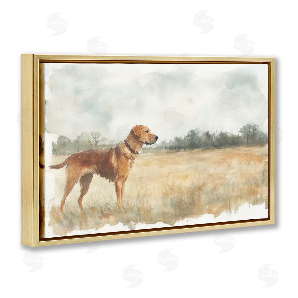 Petal Prints Design Retriever Dog in Open Field Gold Floating Frame Canvas Wall Art Print