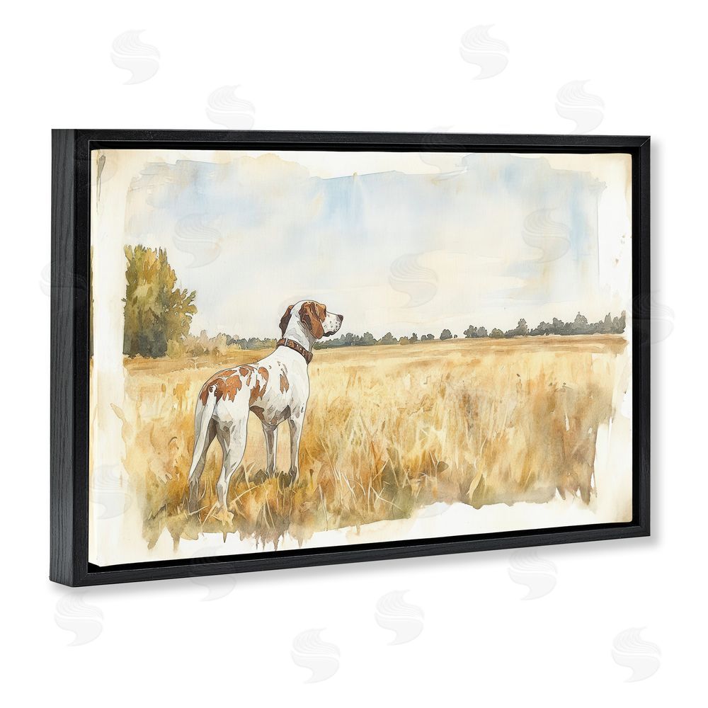 Petal Prints Design Bird Dog in Open Meadow Black Floating Frame Canvas Wall Art Print