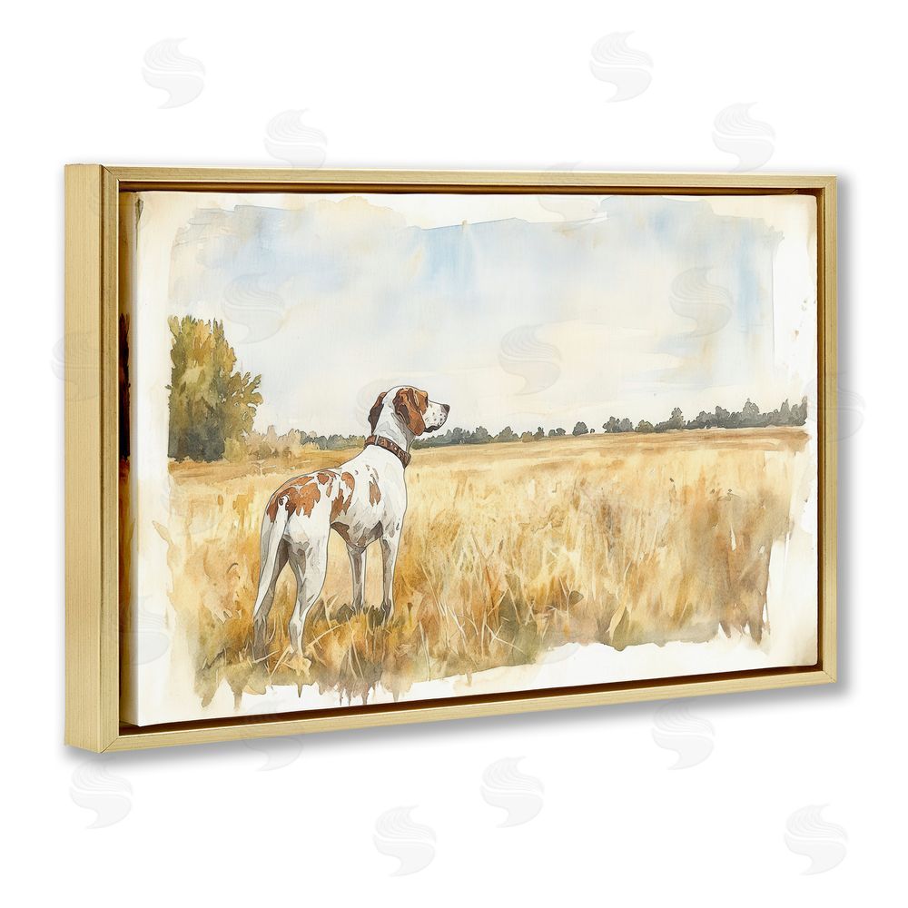 Petal Prints Design Bird Dog in Open Meadow Gold Floating Frame Canvas Wall Art Print