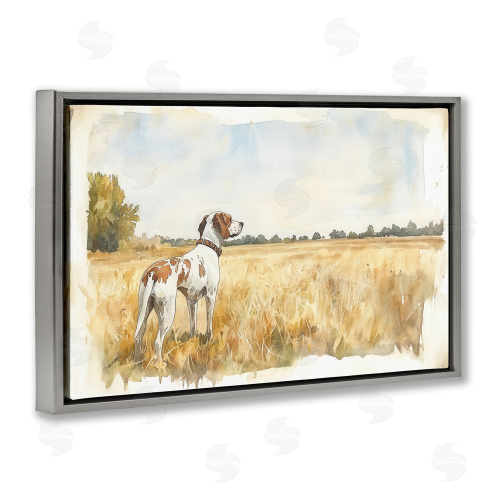 Petal Prints Design Bird Dog in Open Meadow Gray Floating Frame Canvas Wall Art Print