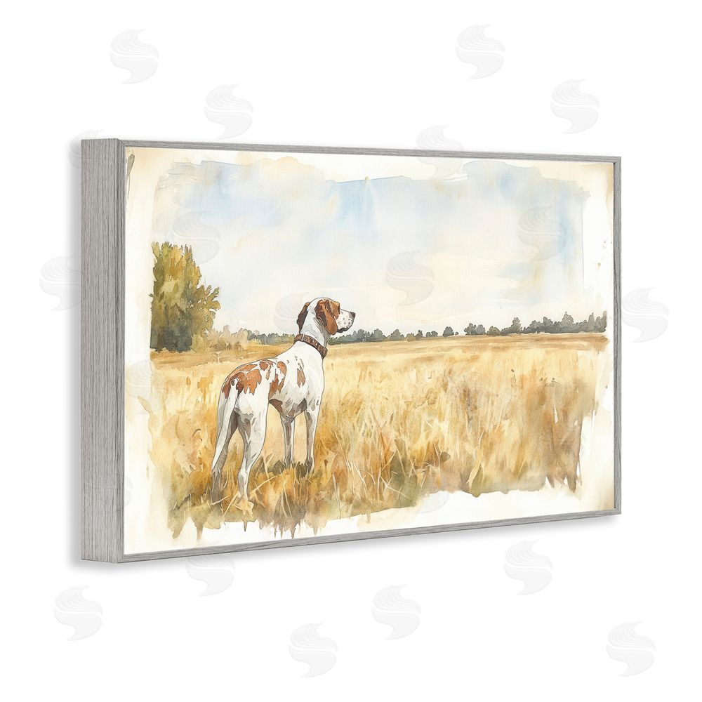 Petal Prints Design Bird Dog in Open Meadow Gray Framed Giclee Wall Art Print