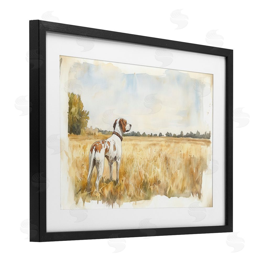 Petal Prints Design Bird Dog in Open Meadow Black Framed Print Under Glass with White Mat Wall Art