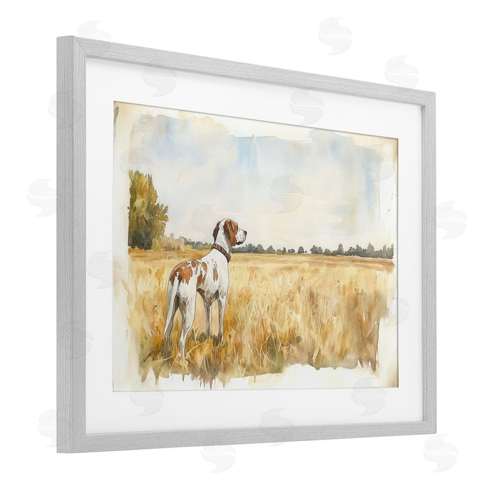 Petal Prints Design Bird Dog in Open Meadow Gray Framed Print Under Glass with White Mat Wall Art