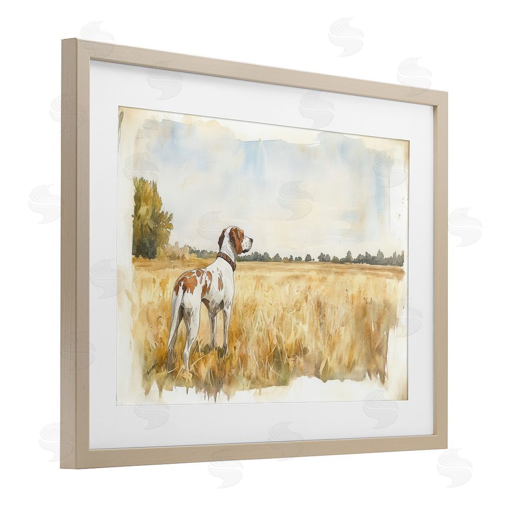 Petal Prints Design Bird Dog in Open Meadow Birch Framed Print Under Glass with White Mat Wall Art