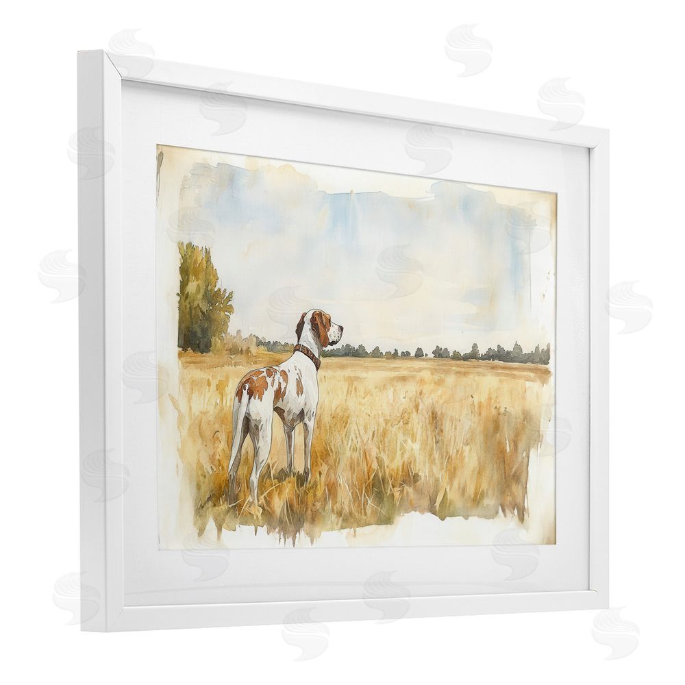 Petal Prints Design Bird Dog in Open Meadow White Framed Print Under Glass with Mat Wall Art