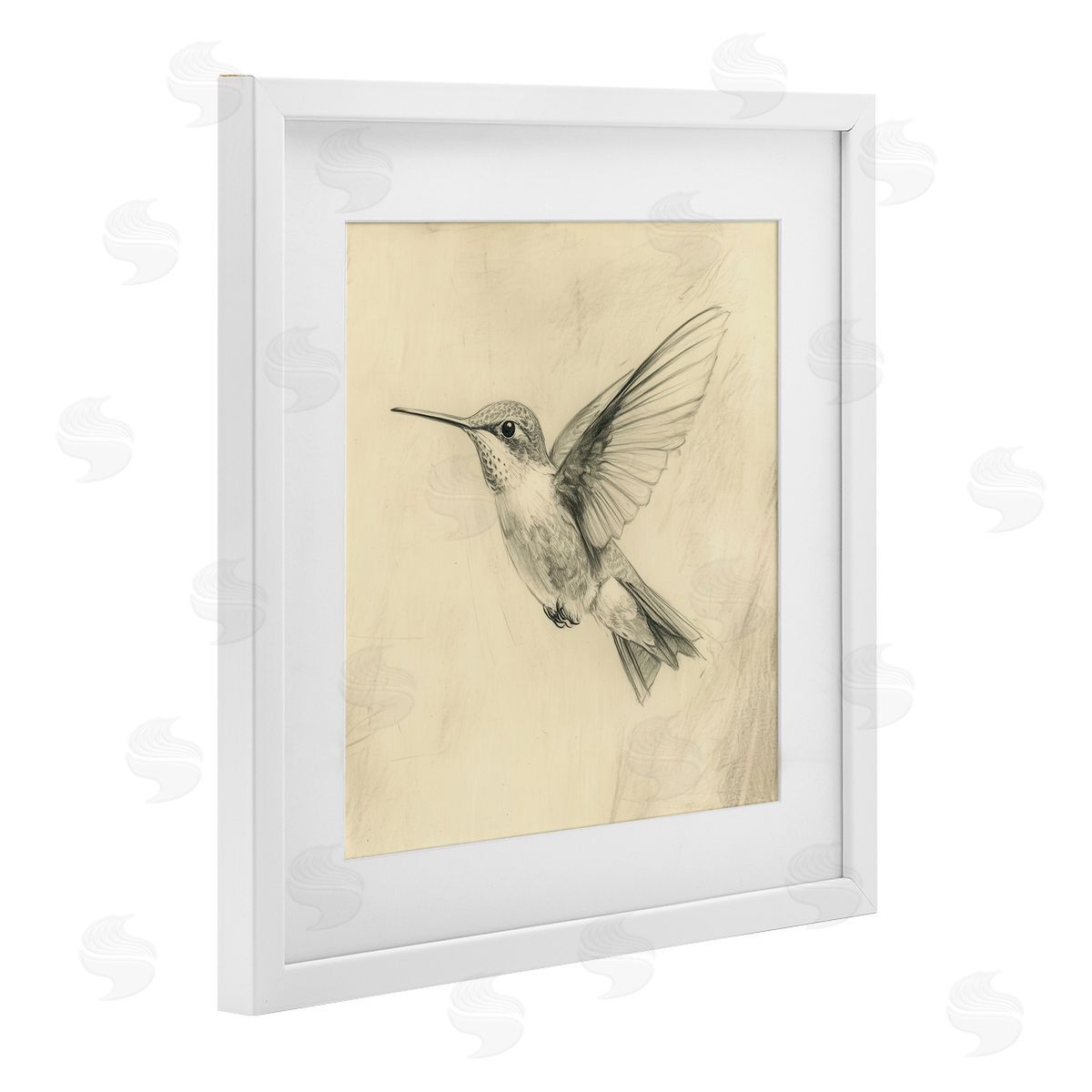 Petal Prints Design Vintage Hummingbird Sketch White Framed Print Under Glass with Mat Wall Art