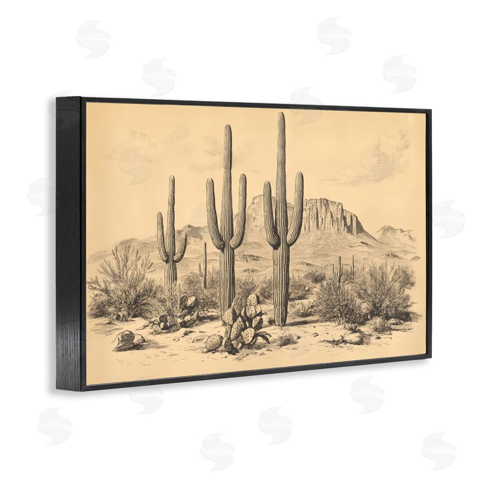 Petal Prints Design Cactus Desert Vintage Landscape Black Framed Giclee Wall Art Print