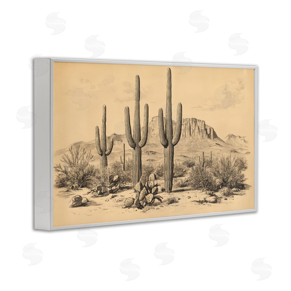 Petal Prints Design Cactus Desert Vintage Landscape White Framed Giclee Wall Art Print