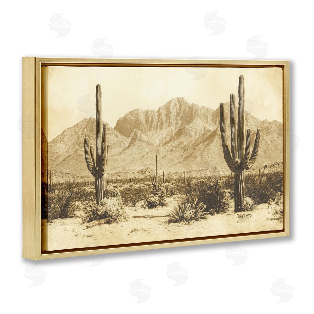Petal Prints Design Desert Landscape Vintage Sepia Gold Floating Frame Canvas Wall Art Print