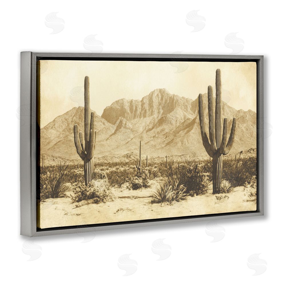Petal Prints Design Desert Landscape Vintage Sepia Gray Floating Frame Canvas Wall Art Print