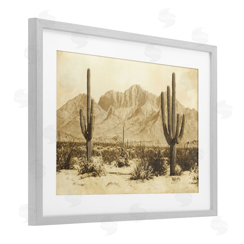 Petal Prints Design Desert Landscape Vintage Sepia Gray Framed Print Under Glass with White Mat Wall Art