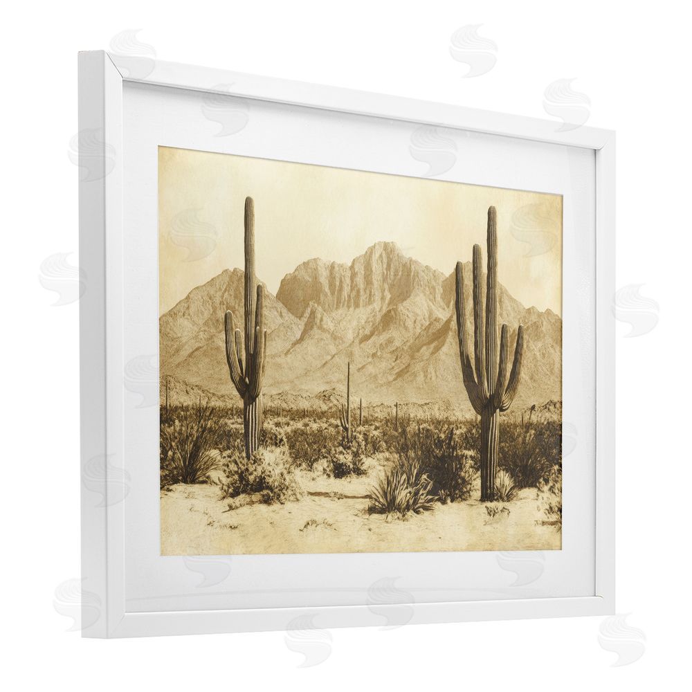 Petal Prints Design Desert Landscape Vintage Sepia White Framed Print Under Glass with Mat Wall Art