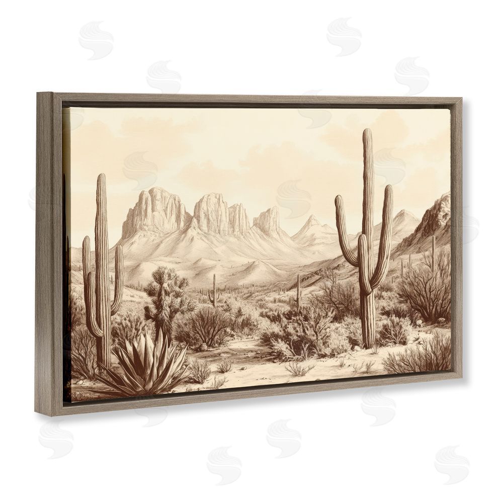 Petal Prints Design Desert Landscape Vintage Cacti Brown Floating Frame Canvas Wall Art Print