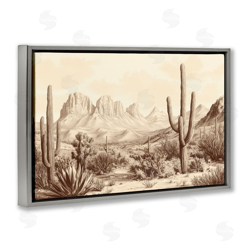 Petal Prints Design Desert Landscape Vintage Cacti Gray Floating Frame Canvas Wall Art Print