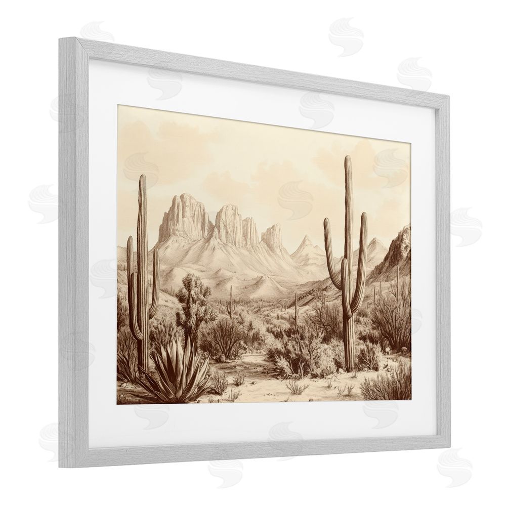 Petal Prints Design Desert Landscape Vintage Cacti Gray Framed Print Under Glass with White Mat Wall Art