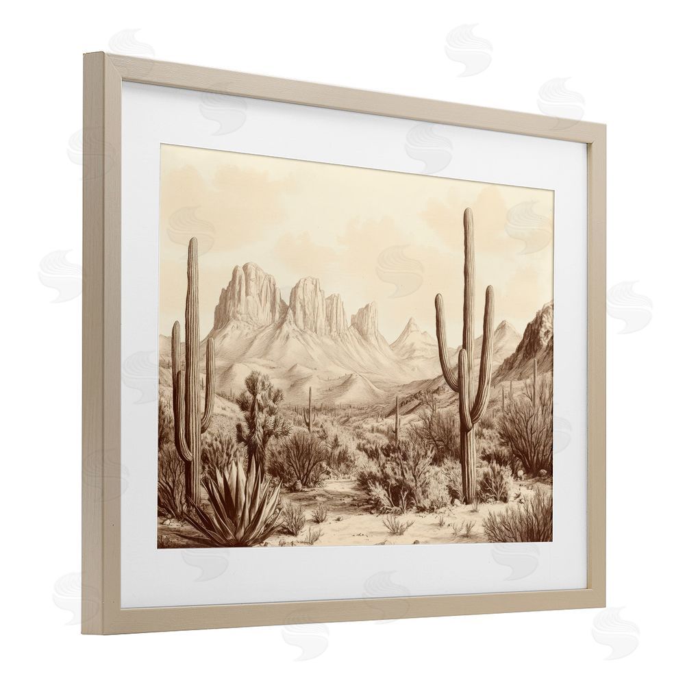 Petal Prints Design Desert Landscape Vintage Cacti Birch Framed Print Under Glass with White Mat Wall Art
