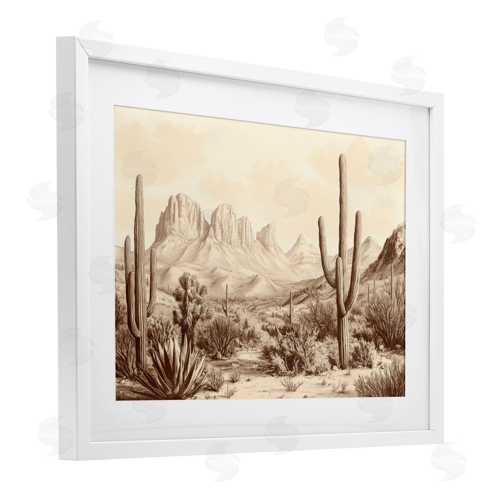 Petal Prints Design Desert Landscape Vintage Cacti White Framed Print Under Glass with Mat Wall Art