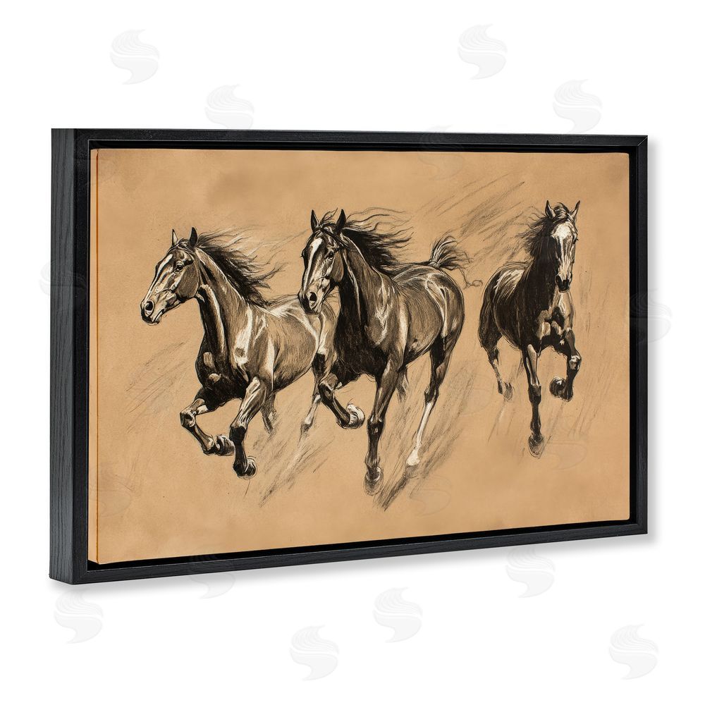 Petal Prints Design Running Free Horse Trio Black Floating Frame Canvas Wall Art Print