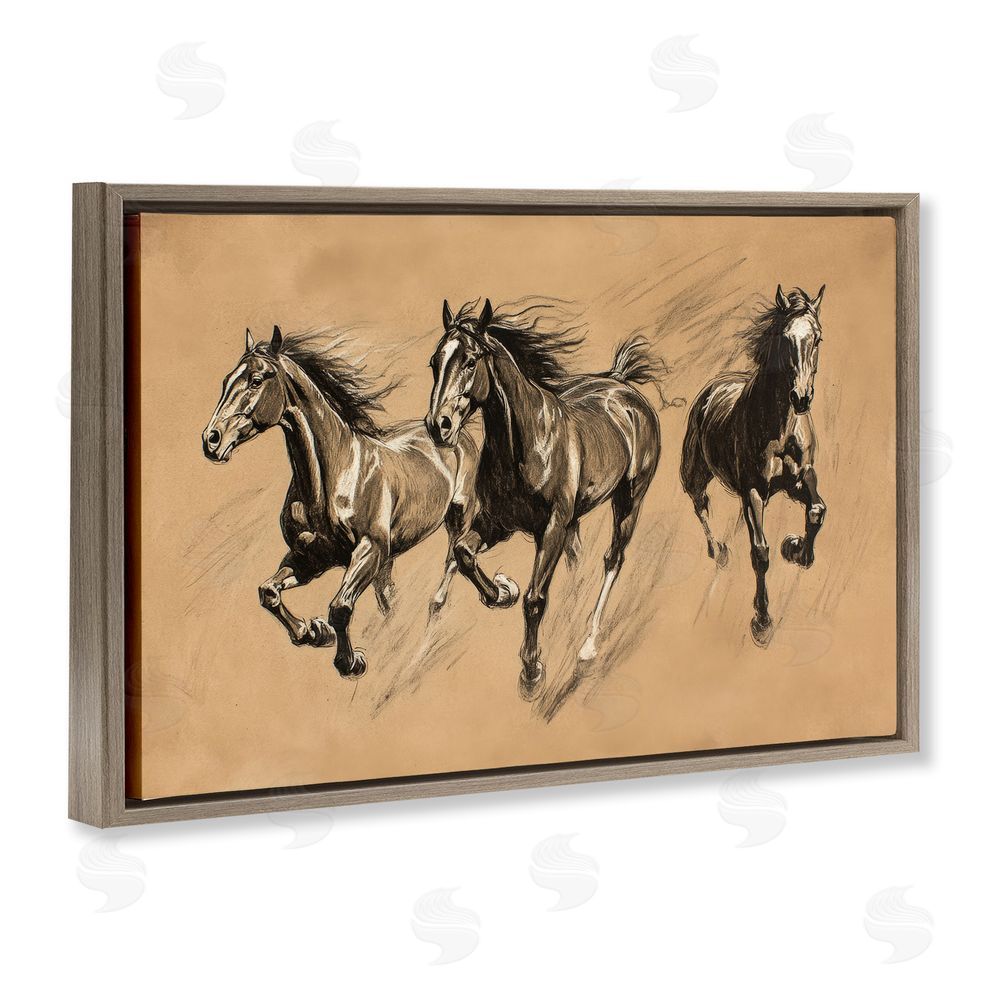 Petal Prints Design Running Free Horse Trio Brown Floating Frame Canvas Wall Art Print