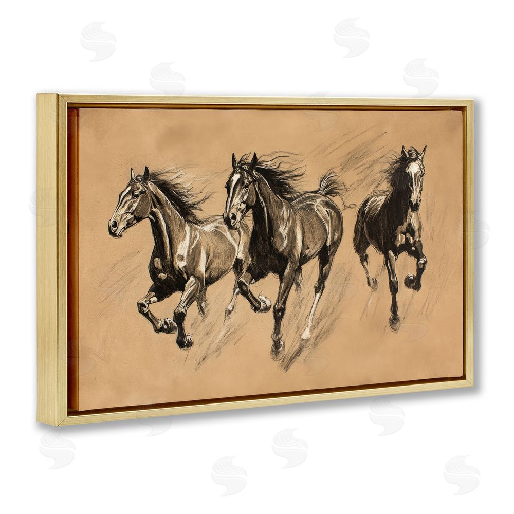 Petal Prints Design Running Free Horse Trio Gold Floating Frame Canvas Wall Art Print