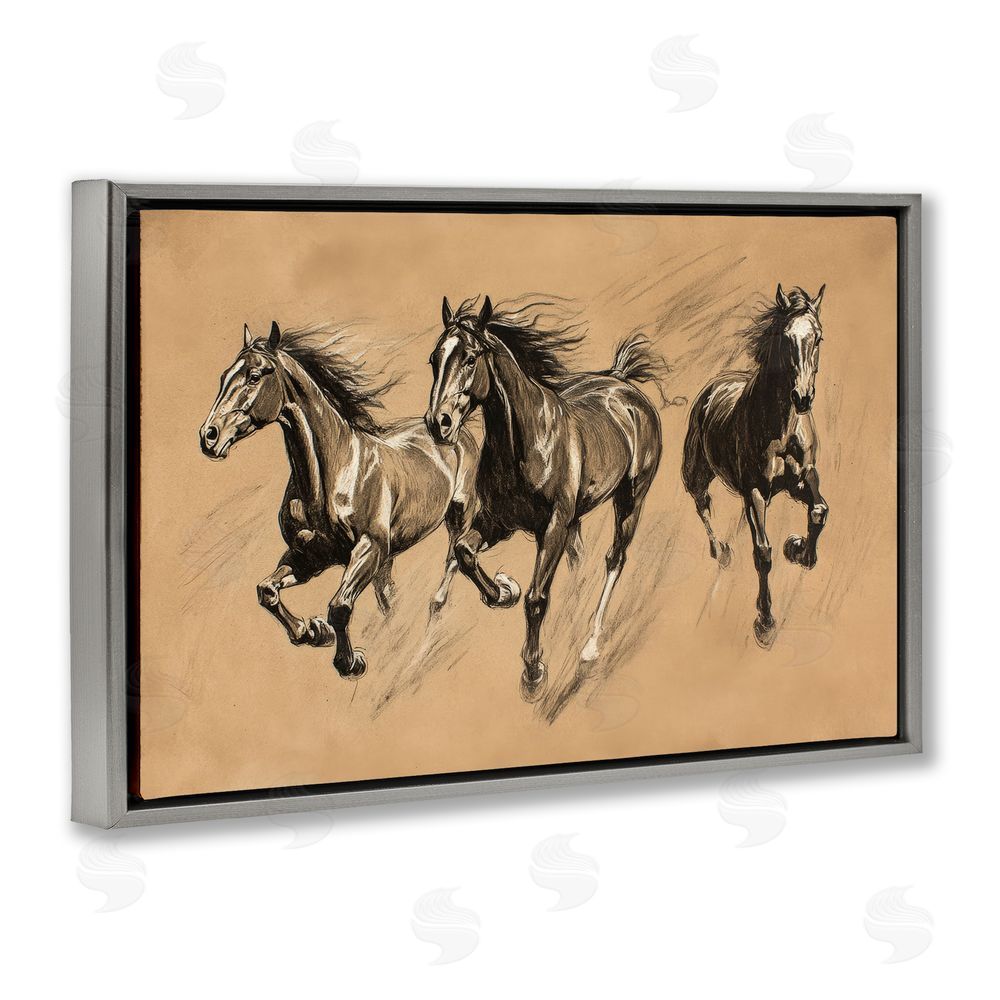 Petal Prints Design Running Free Horse Trio Gray Floating Frame Canvas Wall Art Print