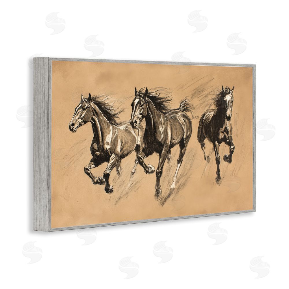 Petal Prints Design Running Free Horse Trio Gray Framed Giclee Wall Art Print