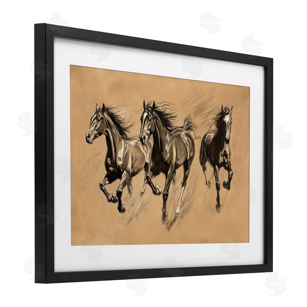 Petal Prints Design Running Free Horse Trio Black Framed Print Under Glass with White Mat Wall Art