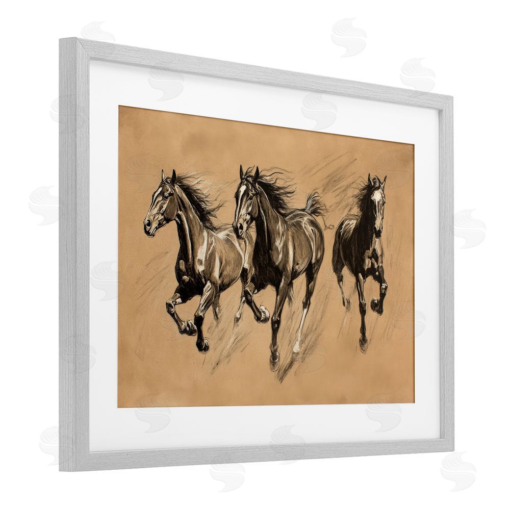 Petal Prints Design Running Free Horse Trio Gray Framed Print Under Glass with White Mat Wall Art