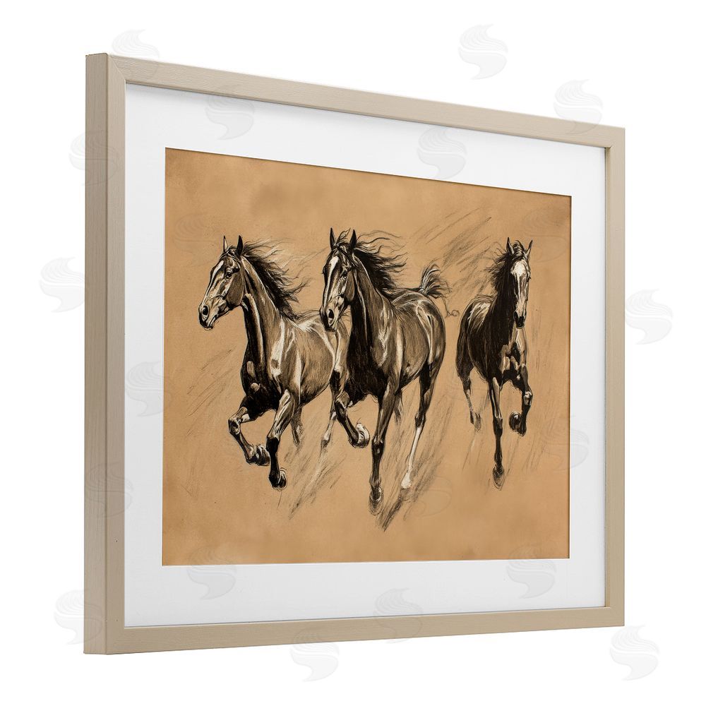 Petal Prints Design Running Free Horse Trio Birch Framed Print Under Glass with White Mat Wall Art